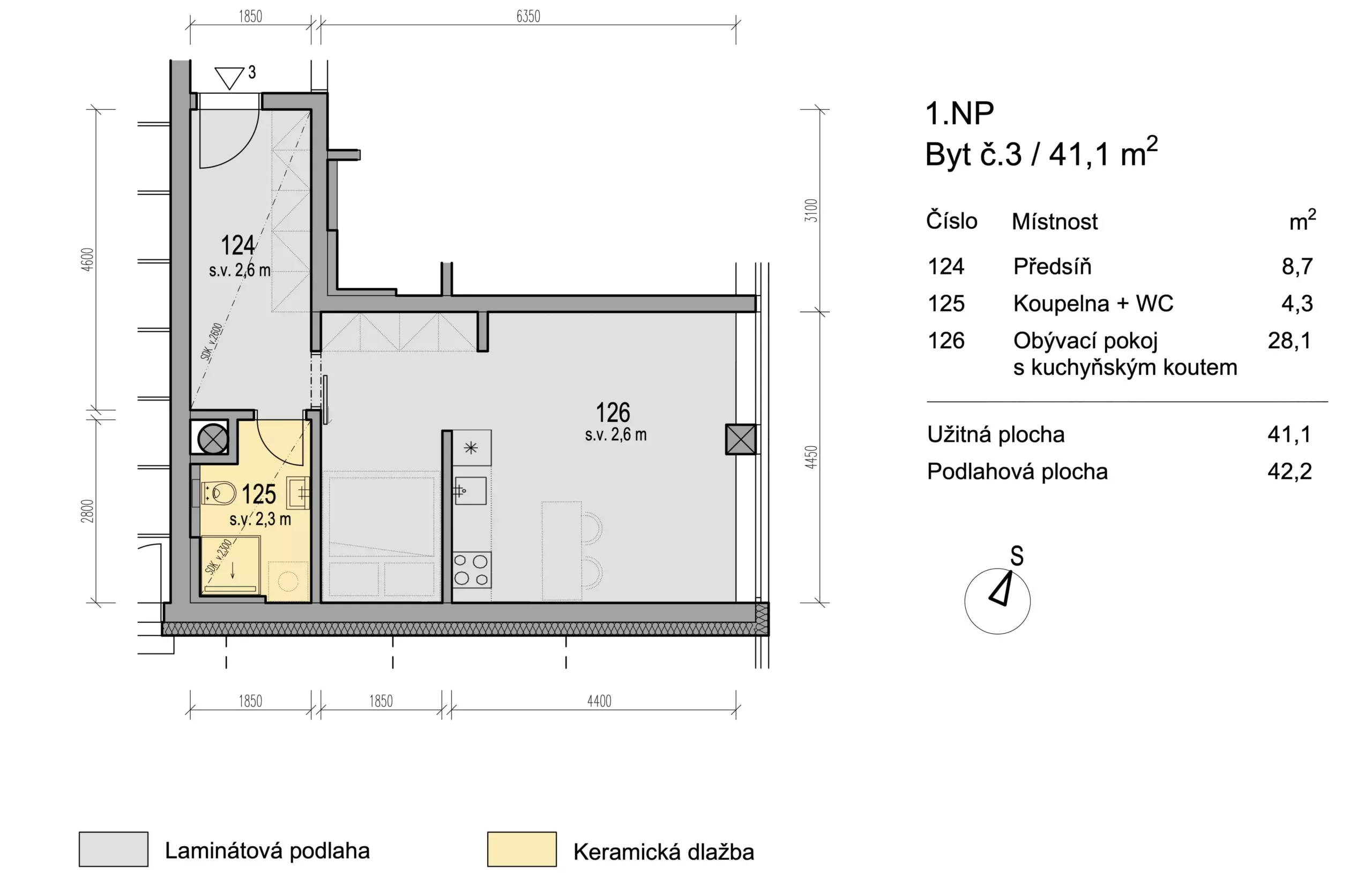 Dispozice bytu na prodej č. 3 ve Šlapanicích v bytovém domě Zlatý potok